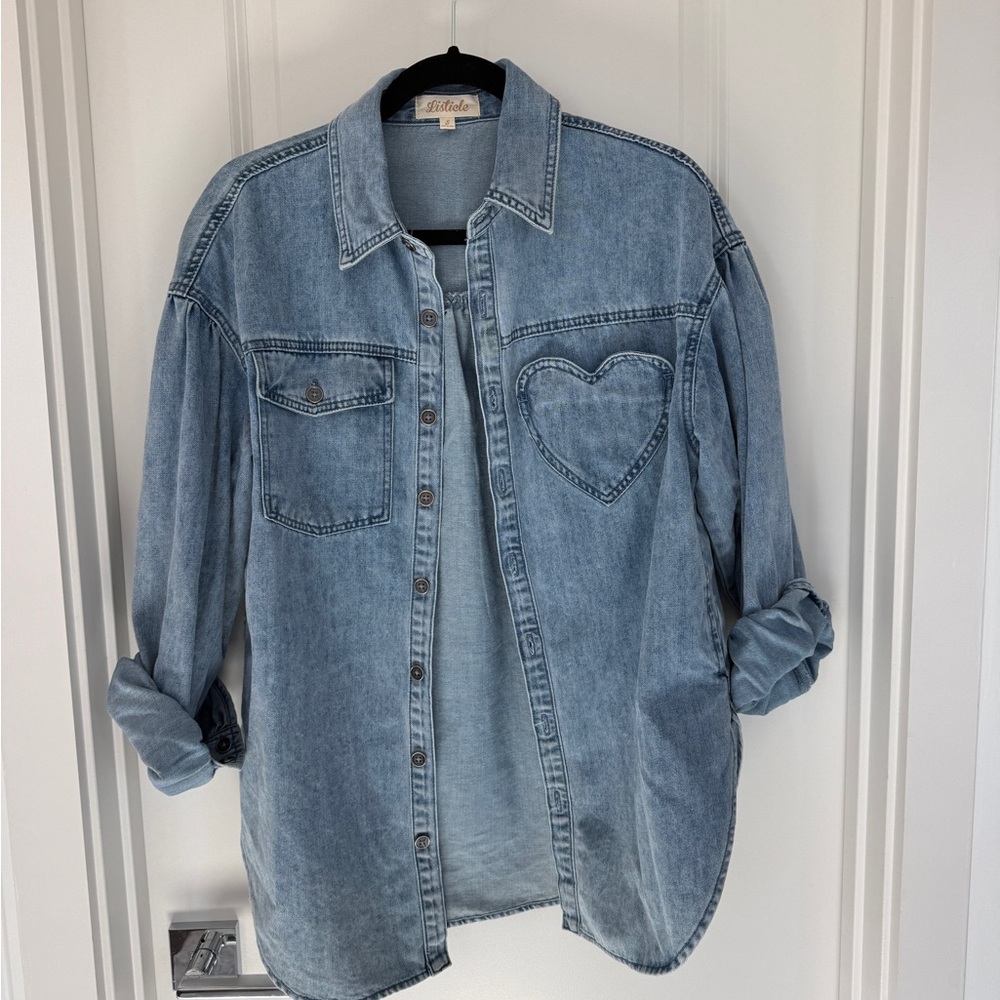 Listicle Light Blue Denim Jean Jacket with Heart Pocket